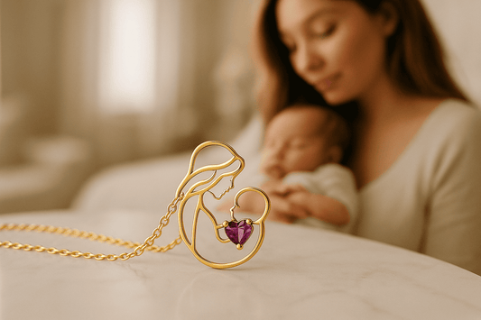 Gold mother and baby silhouette necklace with purple heart birthstone in foreground, mother holding newborn baby in soft blurred background - personalized new mom jewelry