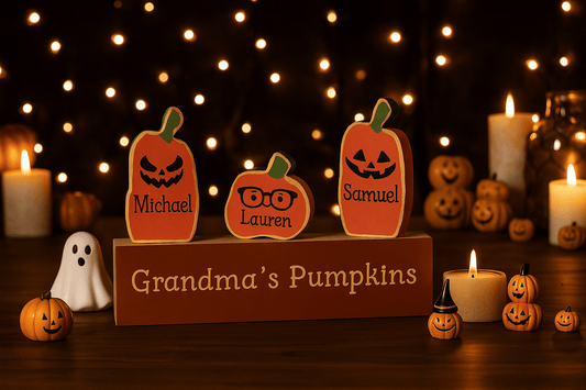 Personalized pumpkin family block set displaying "Grandma's Pumpkins" with custom names Michael, Lauren, and Samuel in warm candlelit Halloween display