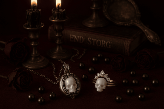 Gothic romance jewelry featuring vintage skull locket necklace and skull pearl ring with crystal crown against dark candlelit background with vintage books