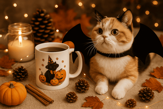 Adorable cat wearing black bat wing Halloween costume next to ceramic mug with black cat and pumpkin design, surrounded by fall decorations including mini pumpkins, pine cones, cinnamon sticks and warm string lights