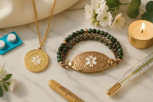 Cute medical jewelry set featuring gold medical alert necklace with engraved caduceus symbol and green beaded medical ID bracelet with ornate gold plate displayed on marble with flowers, candle, medication pills and thermometer