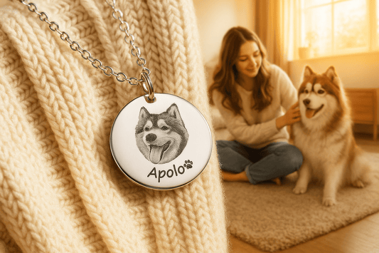Custom pet portrait necklace with engraved husky dog image and name 'Apolo' hanging on cream knit sweater, with happy dog mom and her husky in cozy living room background