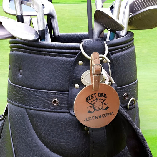 Personalized leather golf bag tag with 'Best Dad' and custom names 'Justin ♥ Sophia' - custom golf accessories and Father's Day gifts from Bella Olivia Gifts