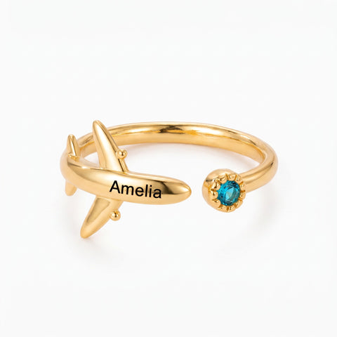 Personalized Airplane Ring with Birthstone and Engraving, Adjustable Travel Ring