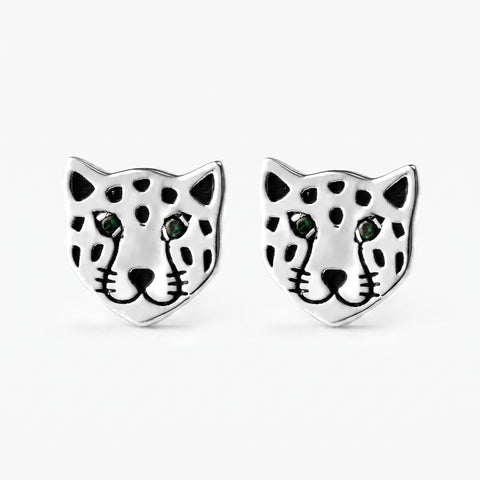 Leopard Face Stud Earrings in Sterling Silver, Animal Stud Earrings