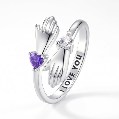 Personalized Hug Ring with Two Heart Birthstones