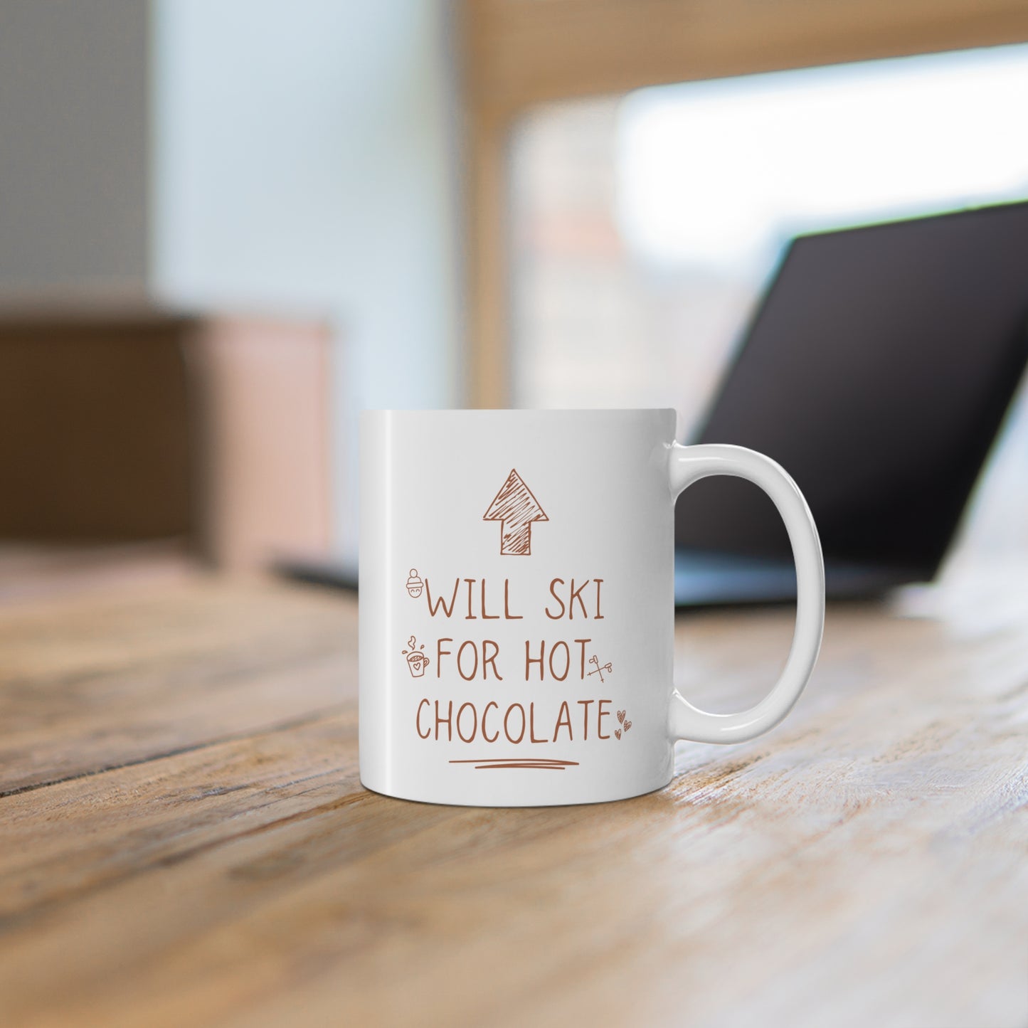 Will Ski for Hot Chocolate, Ski Winter Sport Themed 11oz Ceramic Mug