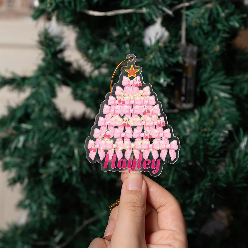 Custom Coquette Pink Bow Christmas Ornament with Name