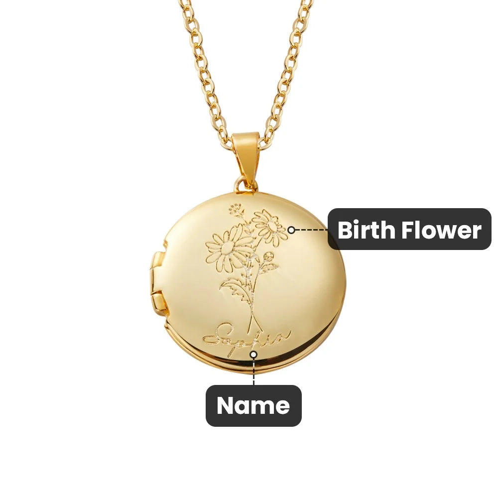 Custom Birth Flower Round Photo Locket Necklace