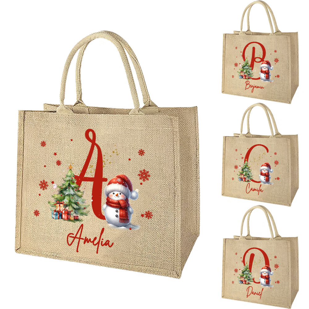 Christmas Snowman Tote Bag with Name & Letter