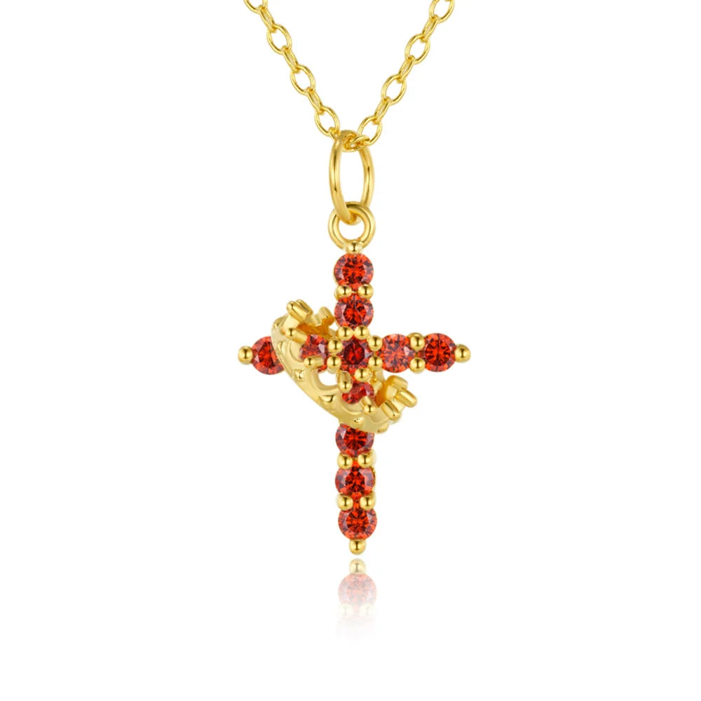 Personalized Cross Crown Necklace with Birthstone