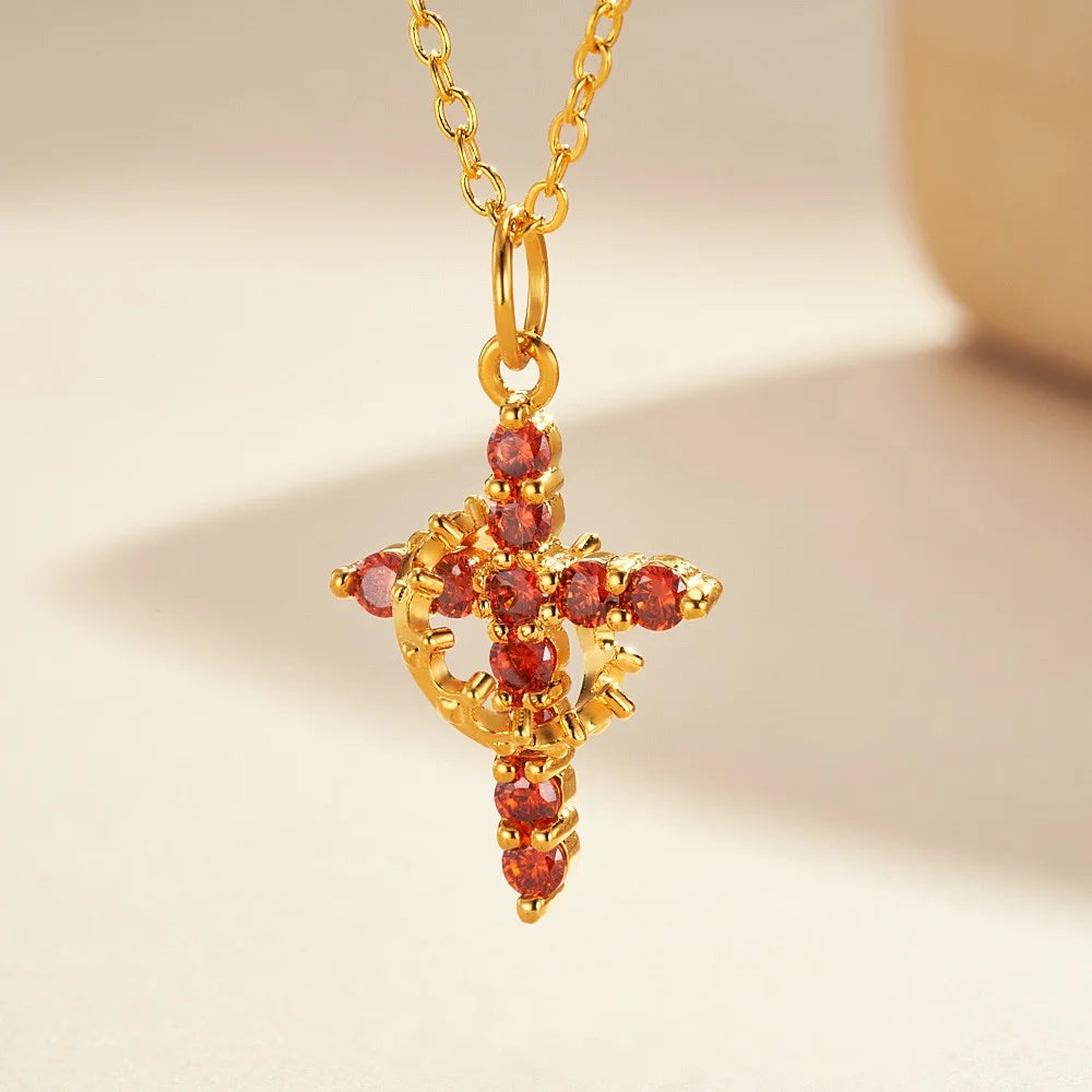 Personalized Cross Crown Necklace with Birthstone