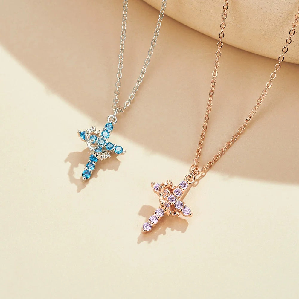 Personalized Cross Crown Necklace with Birthstone