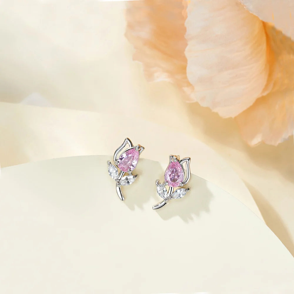 Tulip Flower Stud Earrings with Birthstones