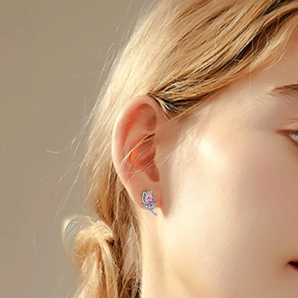 Tulip Flower Stud Earrings with Birthstones