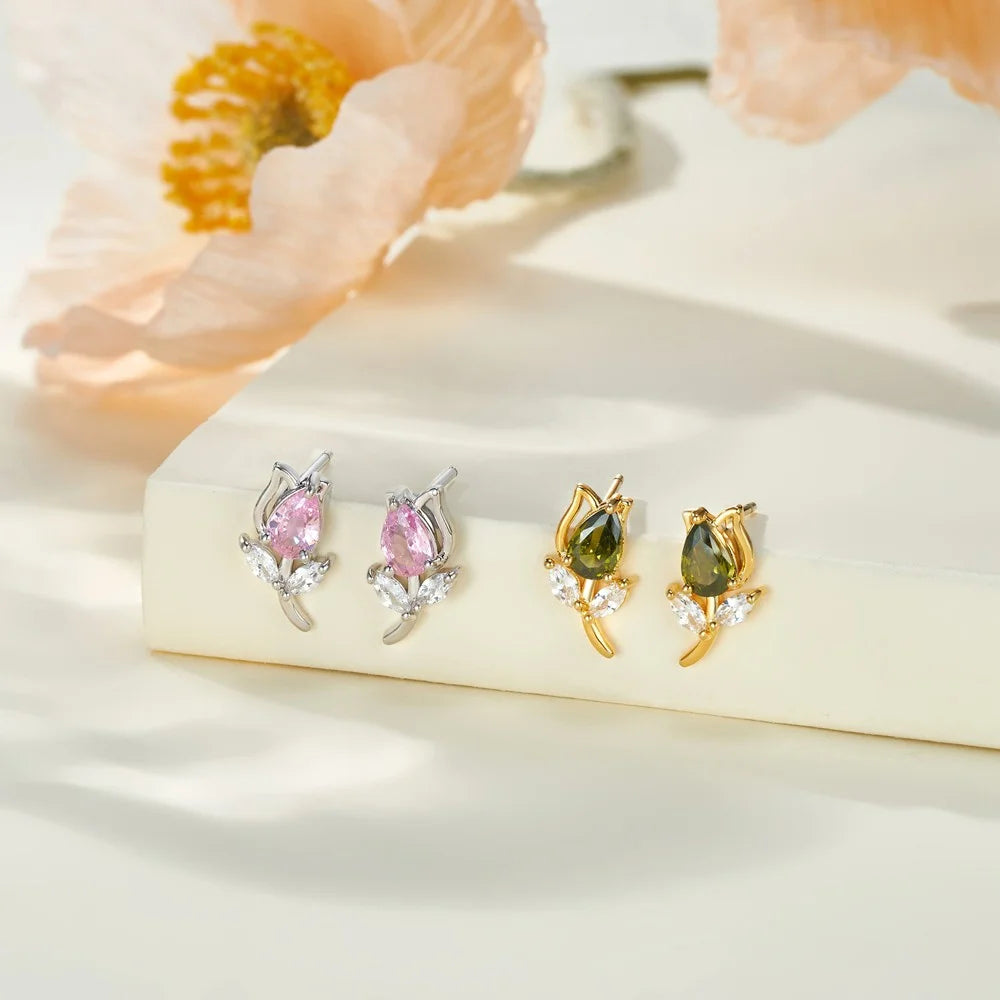 Tulip Flower Stud Earrings with Birthstones