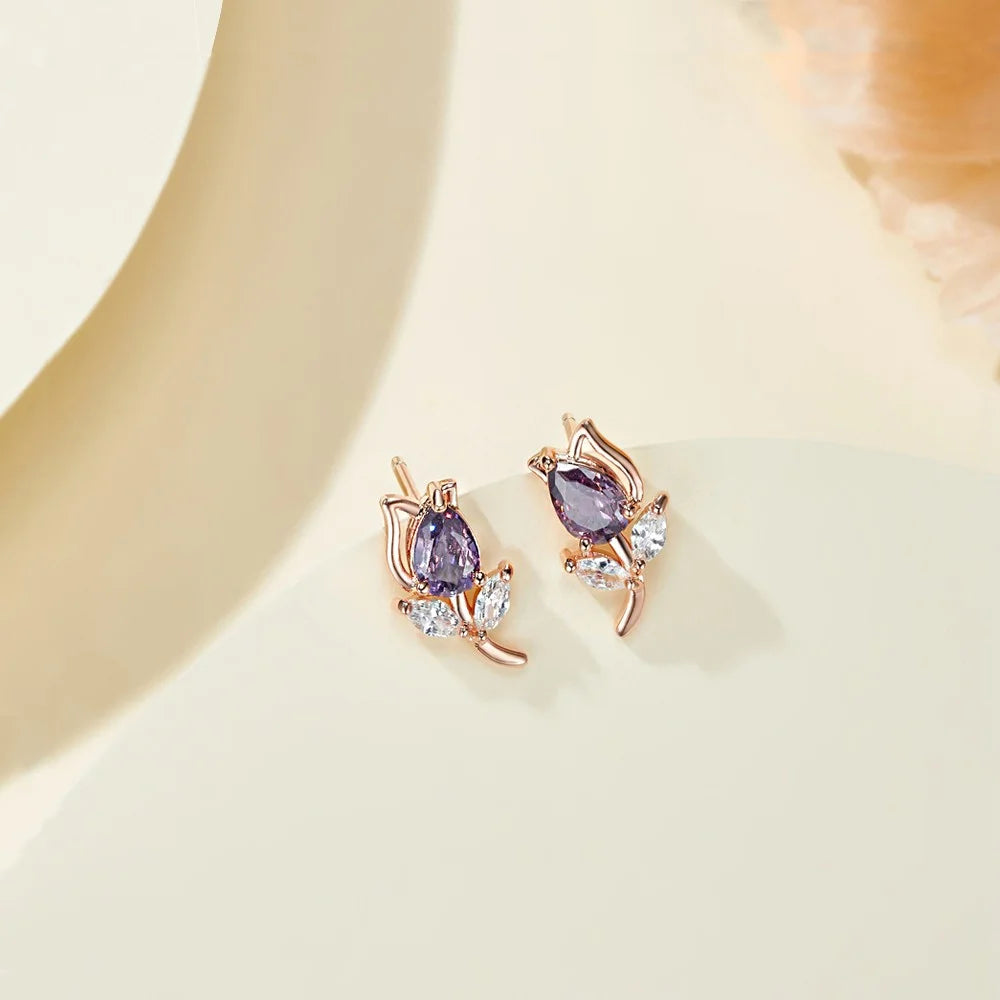 Tulip Flower Stud Earrings with Birthstones