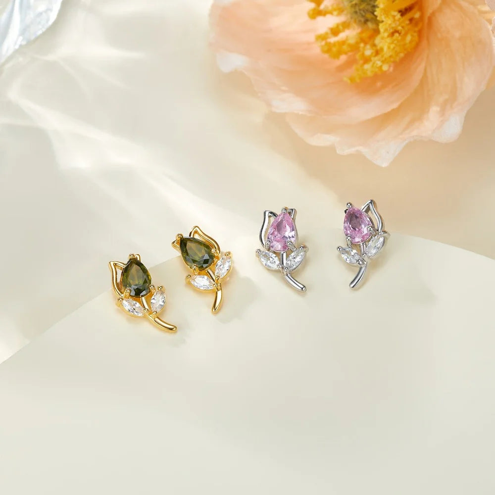 Tulip Flower Stud Earrings with Birthstones