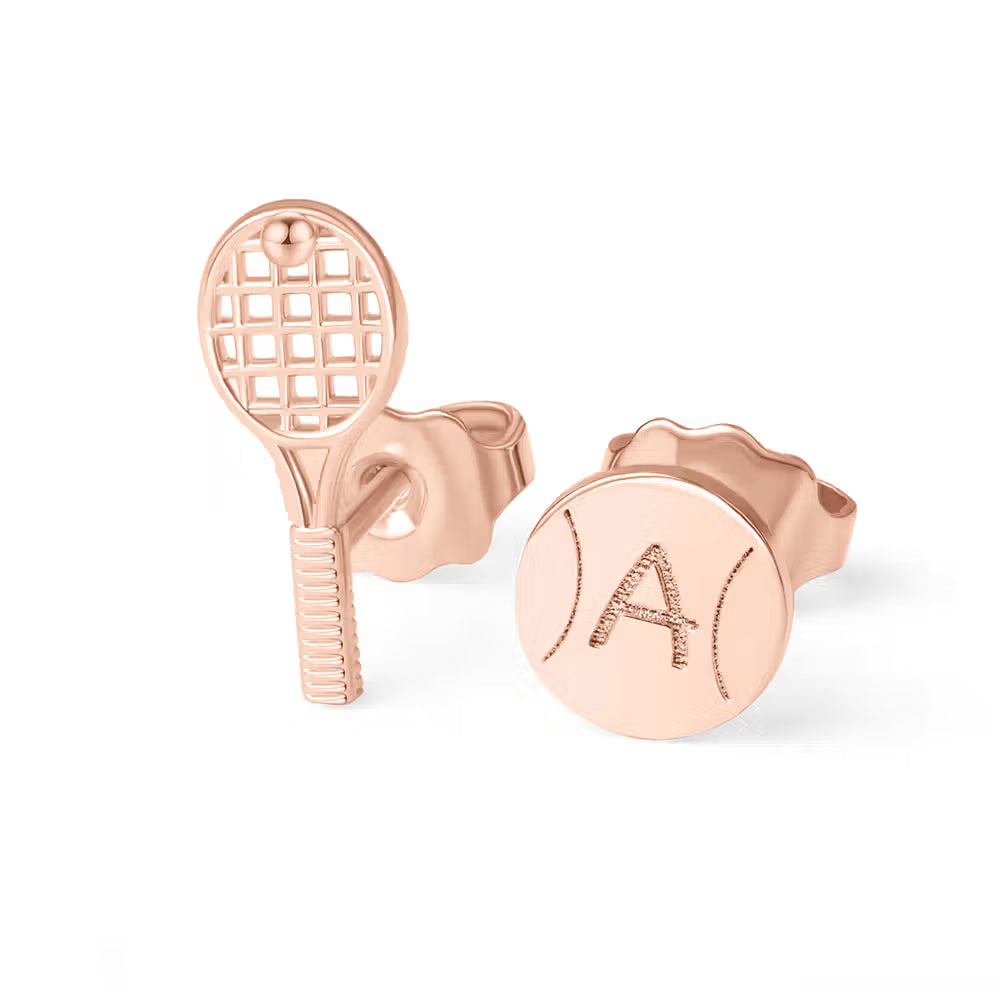 Custom Tiny Tennis Ball & Racket Stud Earrings with Engraved Initial