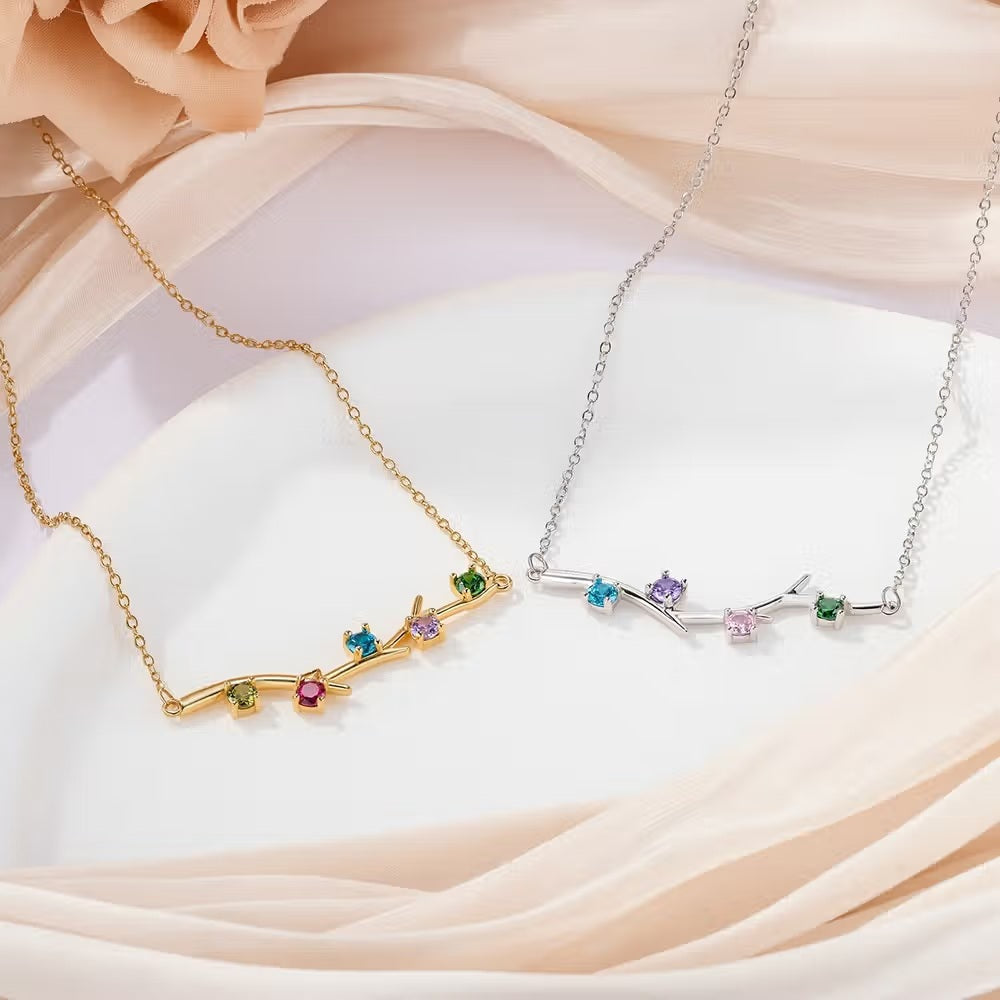 Personalized 1-6 Birthstones Family Tree Branch Necklace