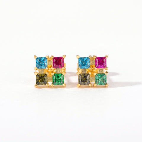 Custom Square Birthstones Stud Earrings