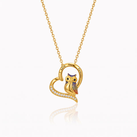 Engraved Owl Heart Necklace with Cubic Zirconia