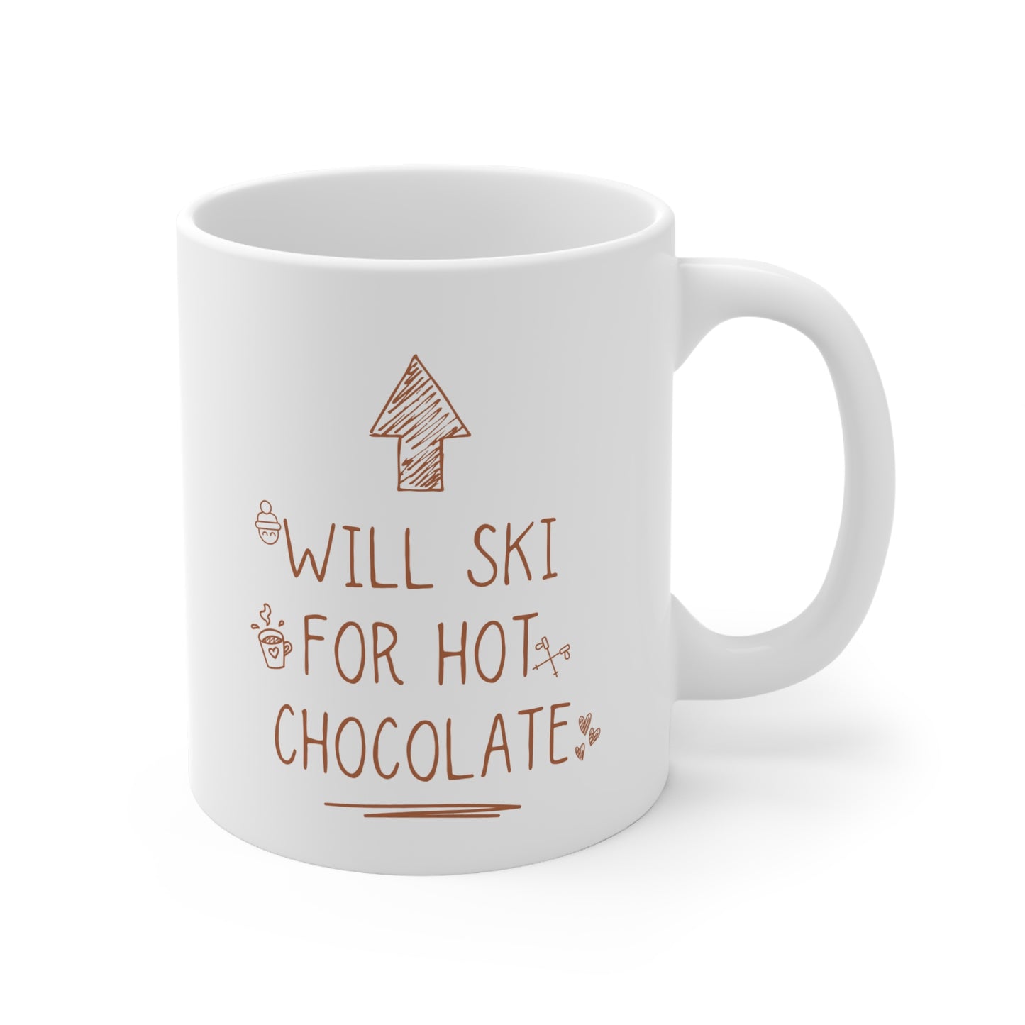 Will Ski for Hot Chocolate, Ski Winter Sport Themed 11oz Ceramic Mug