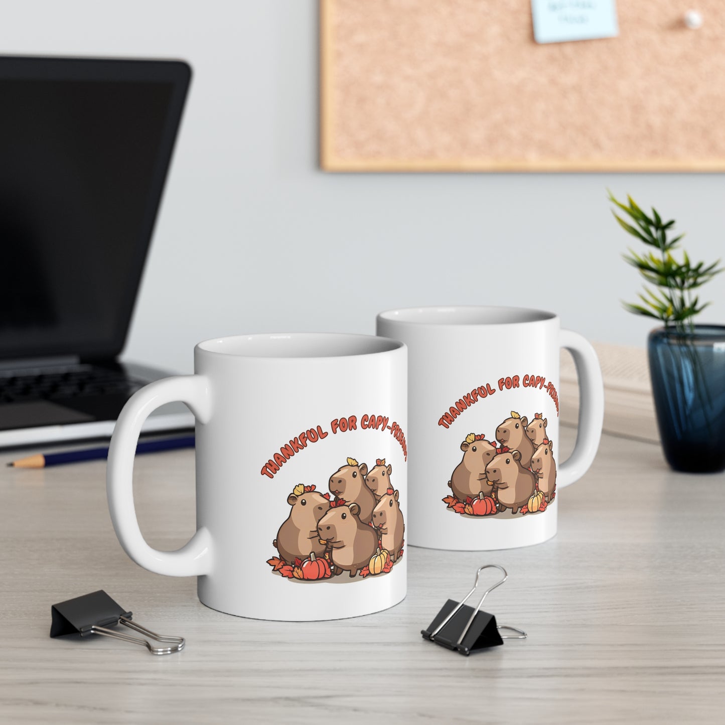 Thankful for Capy-friends, Thanksgiving Kawaii Capybaras 11oz Ceramic Mug