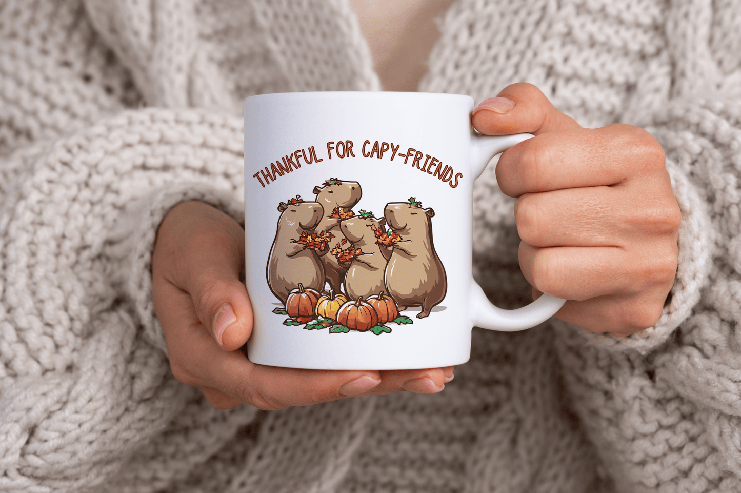 Thankful for Capy-friends, Thanksgiving Capybara Themed 11oz Ceramic Mug
