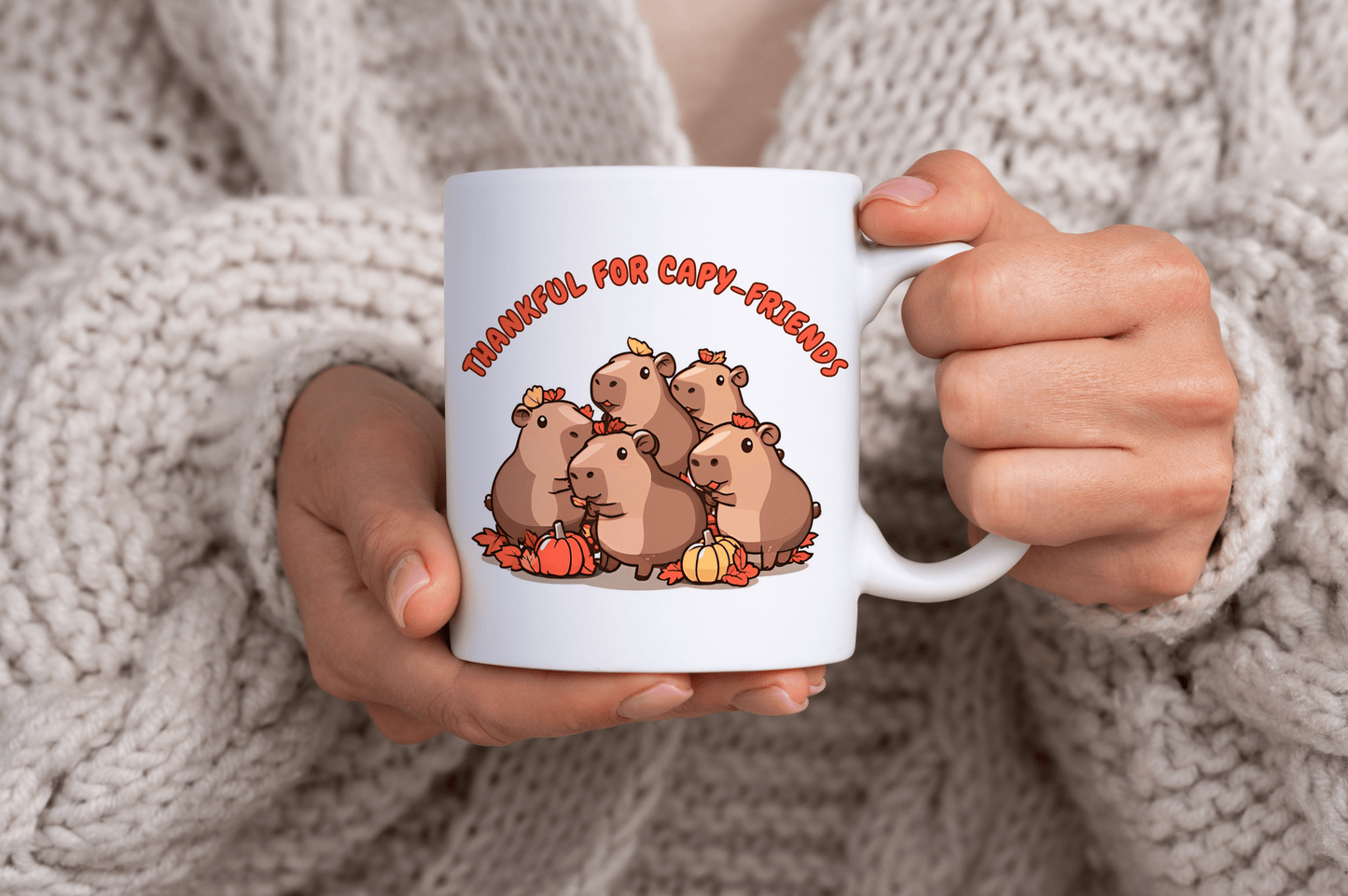 Thankful for Capy-friends, Thanksgiving Kawaii Capybaras 11oz Ceramic Mug