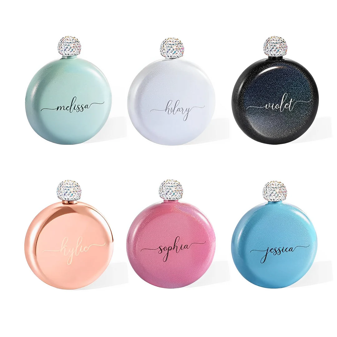 Custom Name Round Flask with Rhinestone Lid