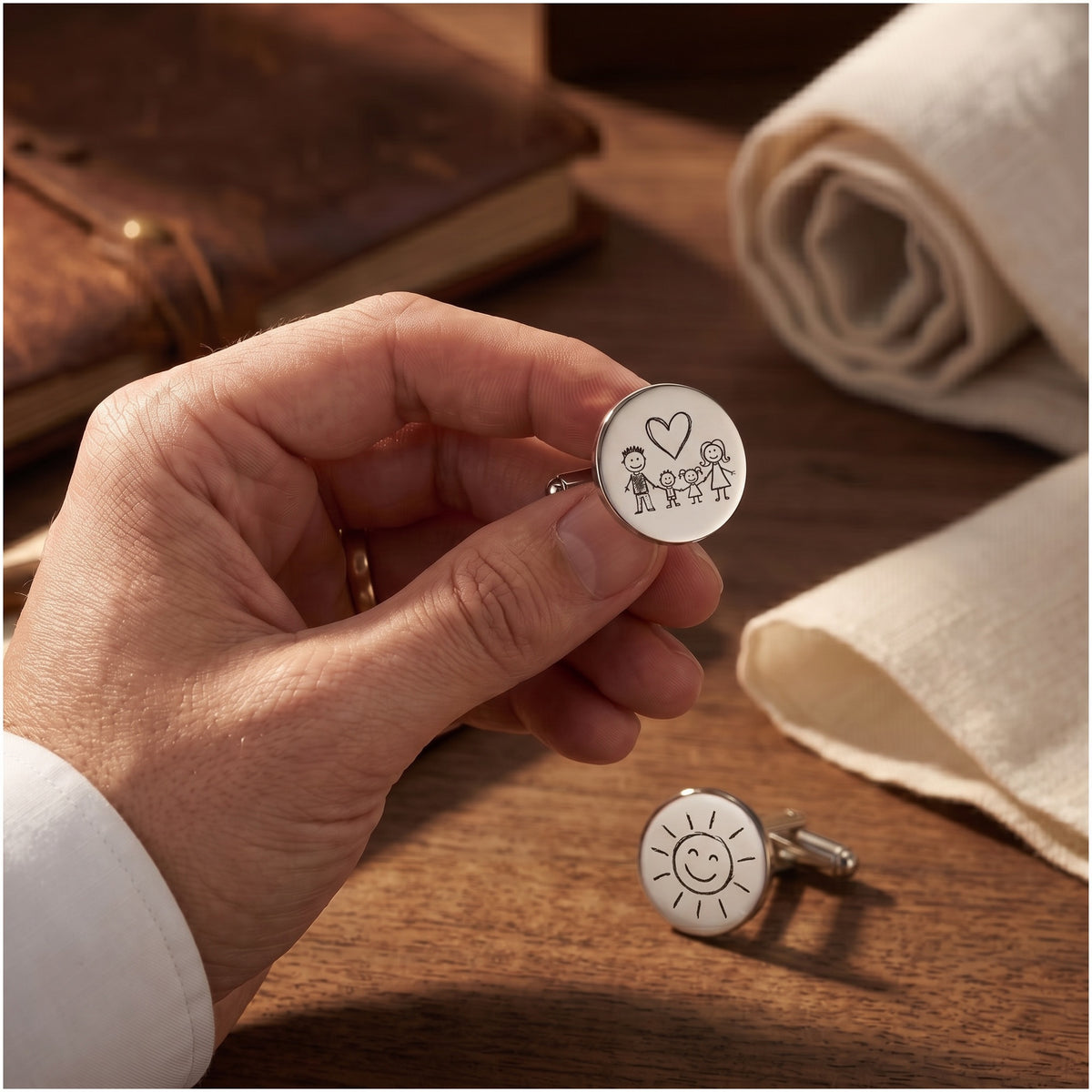 Kids drawing cufflink held in hand