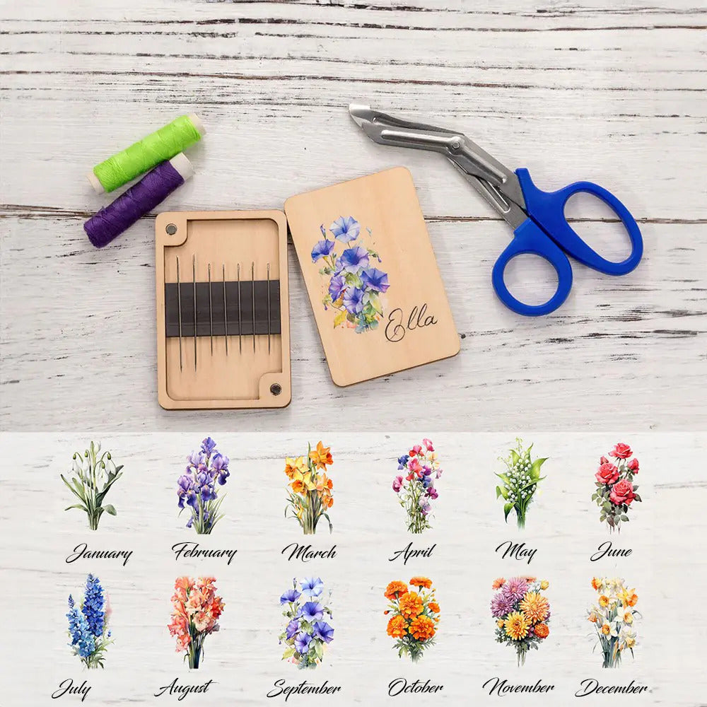Custom Name Birth Flower Wooden Needle Box