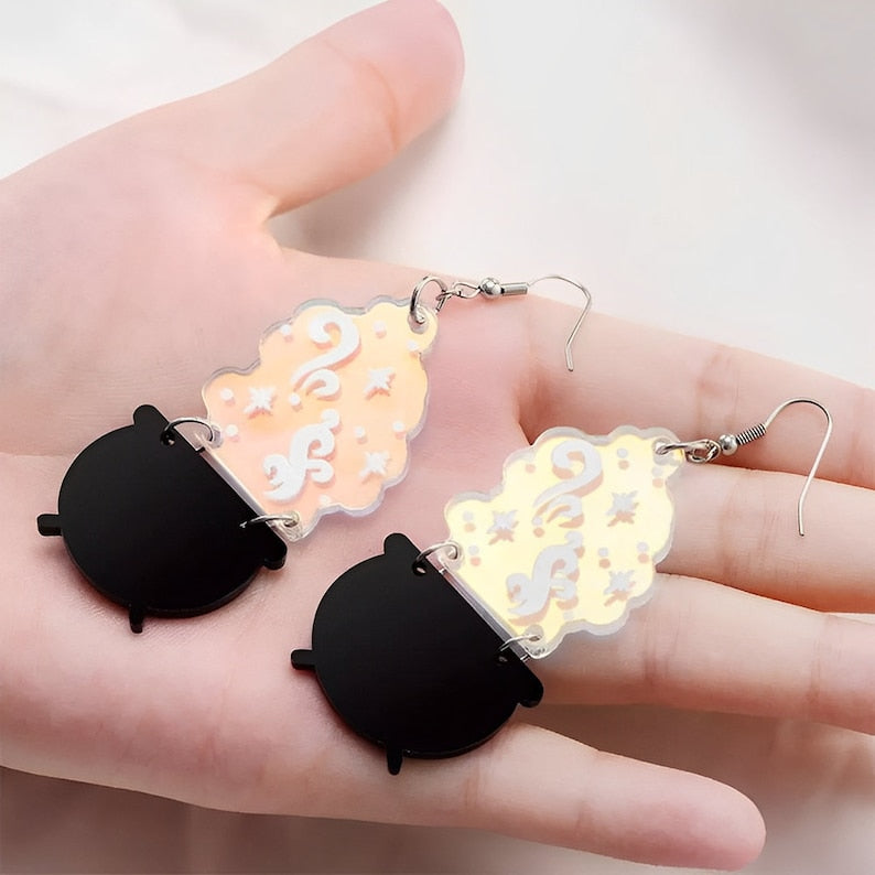 Laser Engraved Iridescent Witch Cauldron Earrings