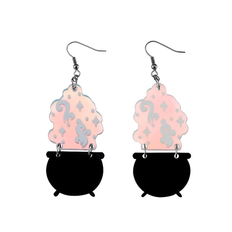 Laser Engraved Iridescent Witch Cauldron Earrings