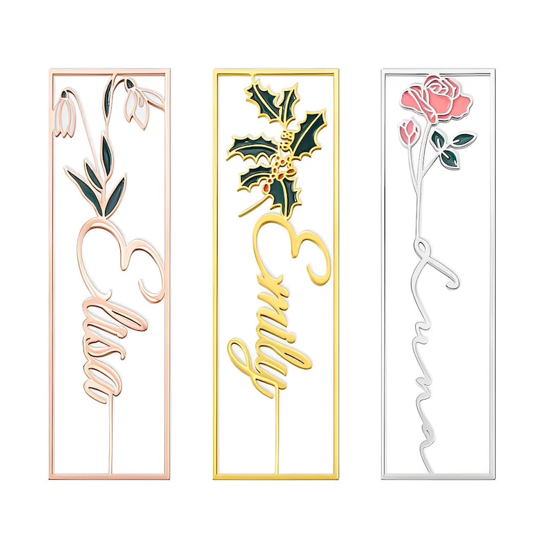 Custom Name Metal Bookmark with Birth Flower