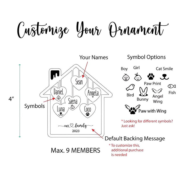 Personalized Family Member Names Wooden House Ornament