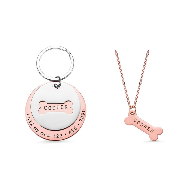 Matching Dog Collar Tag & Bone Necklace with Custom Engraving