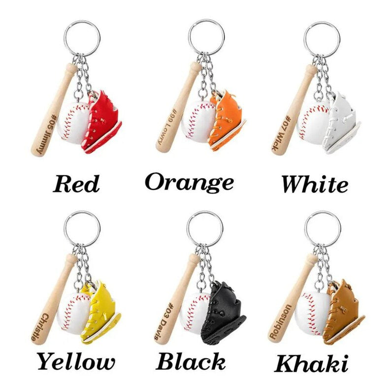 Baseball Key Ring with Baseball Glove and Bat with Custom Name