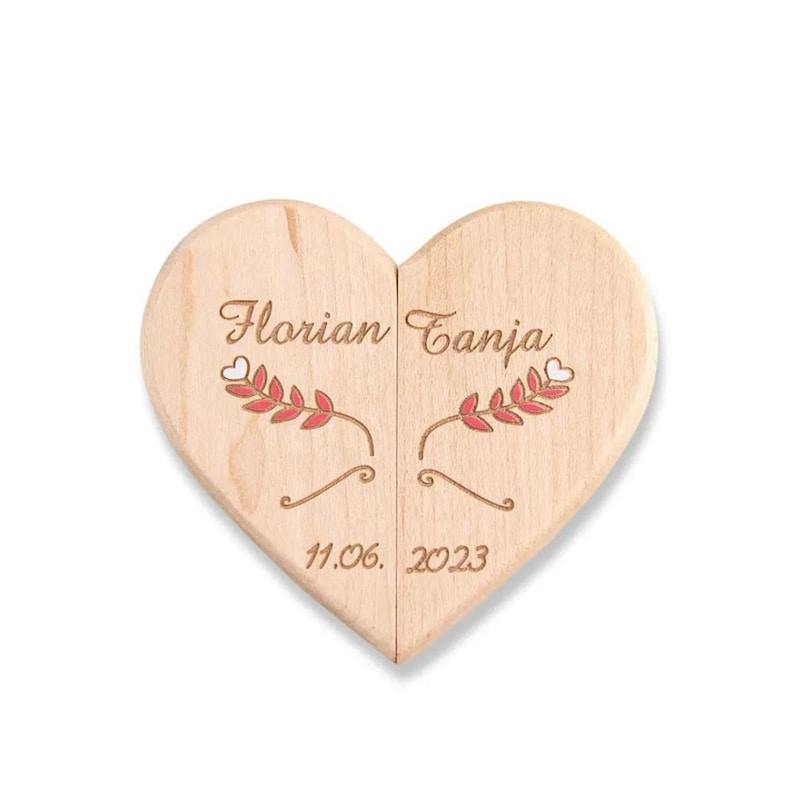 Personalized Wooden Heart Wedding Ring Box with Magnet