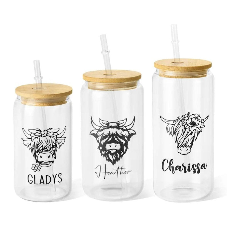 Personalized Name Highland Cow Latte Glass