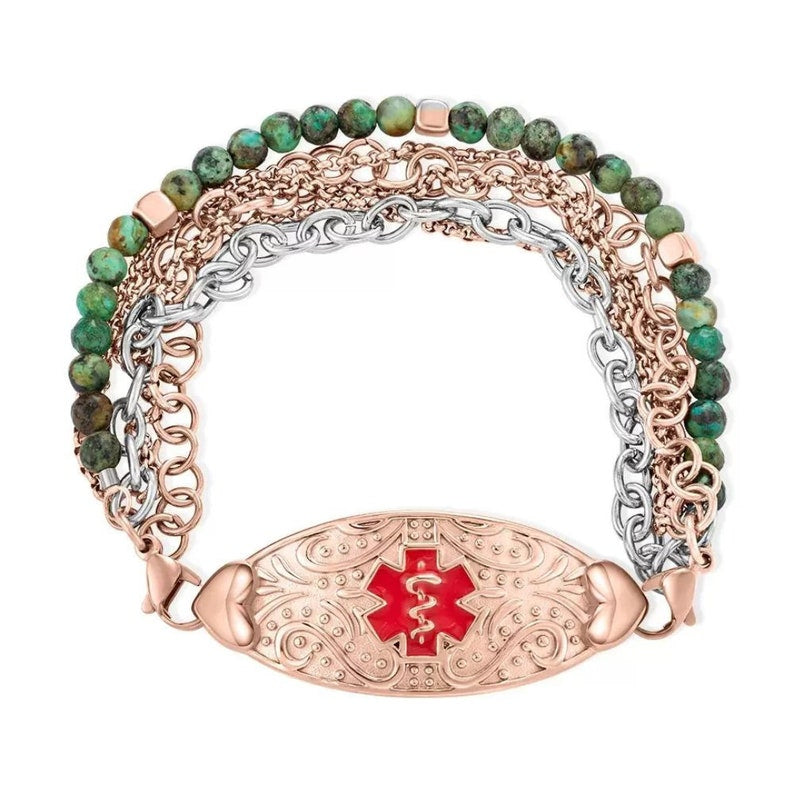 Personalized Medical Alert ID Bracelet with Turquoise Beads