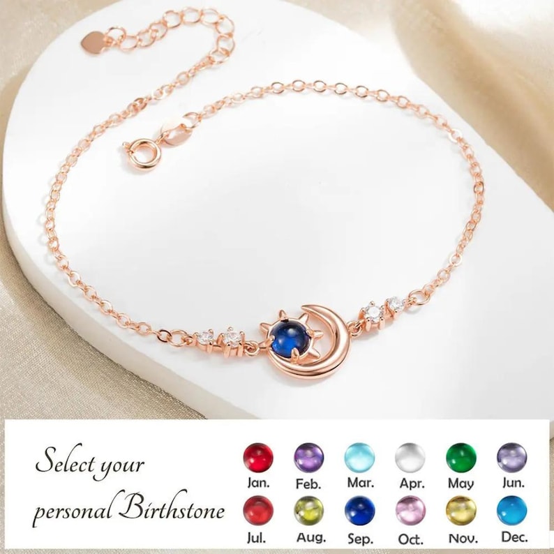 Crescent Moon, Sun and Star Anklet with Birthstone