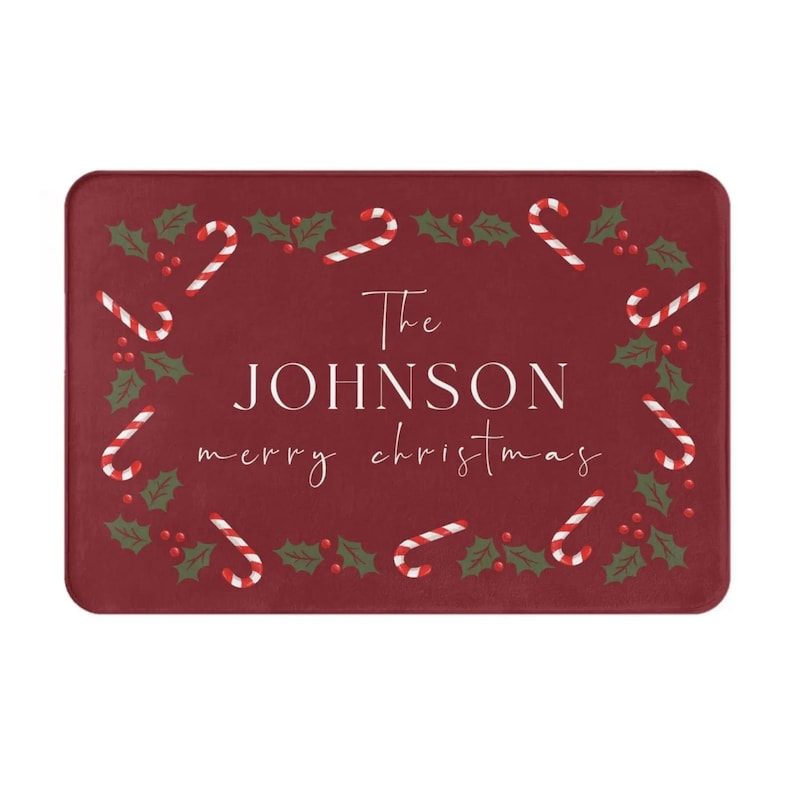 Personalized Christmas Holly Candy Canes Welcome Doormat