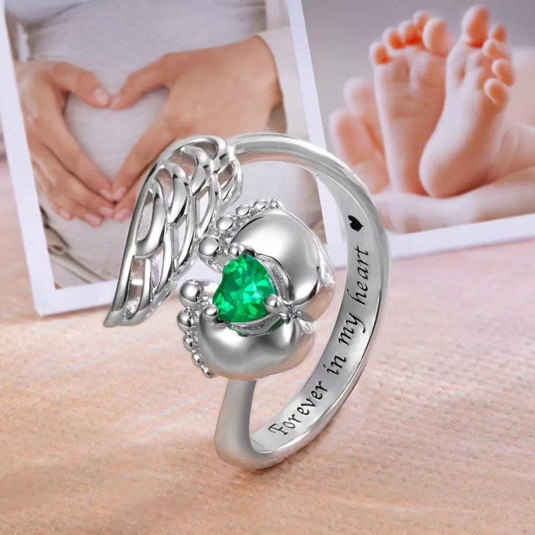 Personalized Baby Memorial Ring, With Wings, Feet and Birthstone