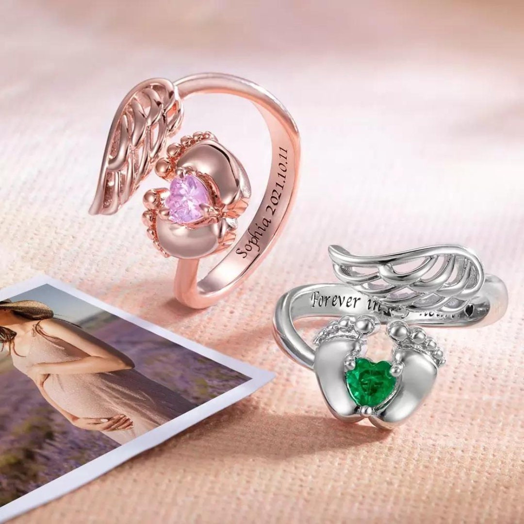 Personalized Baby Memorial Ring, With Wings, Feet and Birthstone