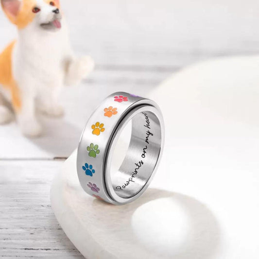 Rainbow Paw Print Spinner Ring with Customized Engraved