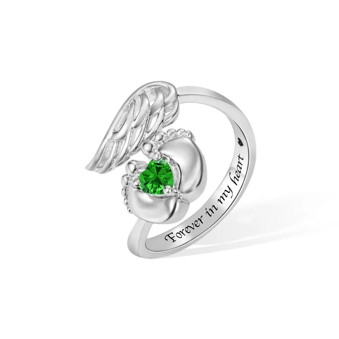 Personalized Baby Memorial Ring, With Wings, Feet and Birthstone