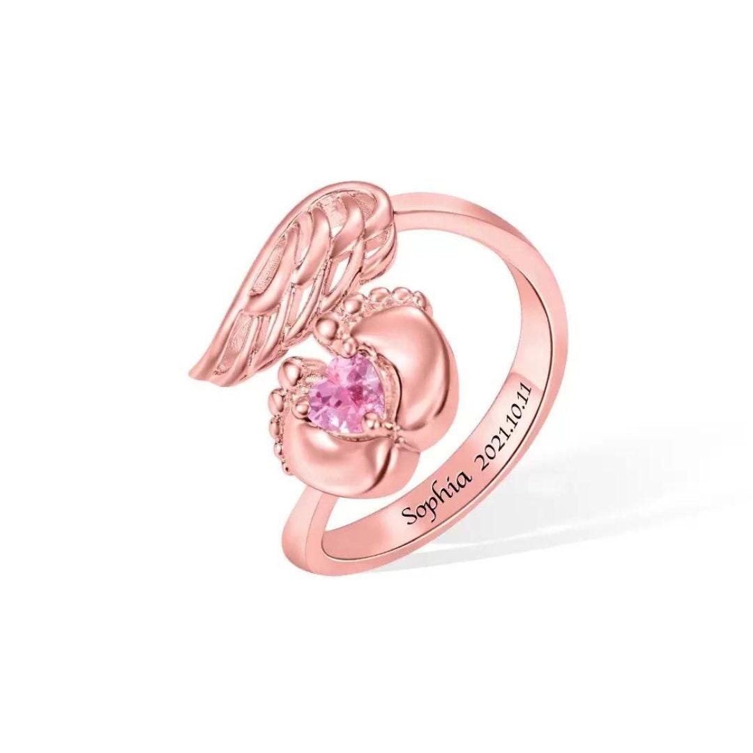 Personalized Baby Memorial Ring, With Wings, Feet and Birthstone