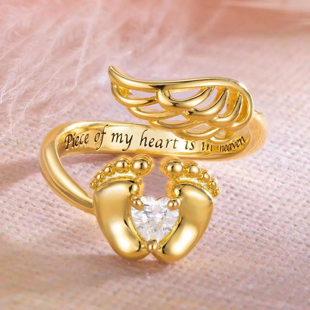Personalized Baby Memorial Ring, With Wings, Feet and Birthstone